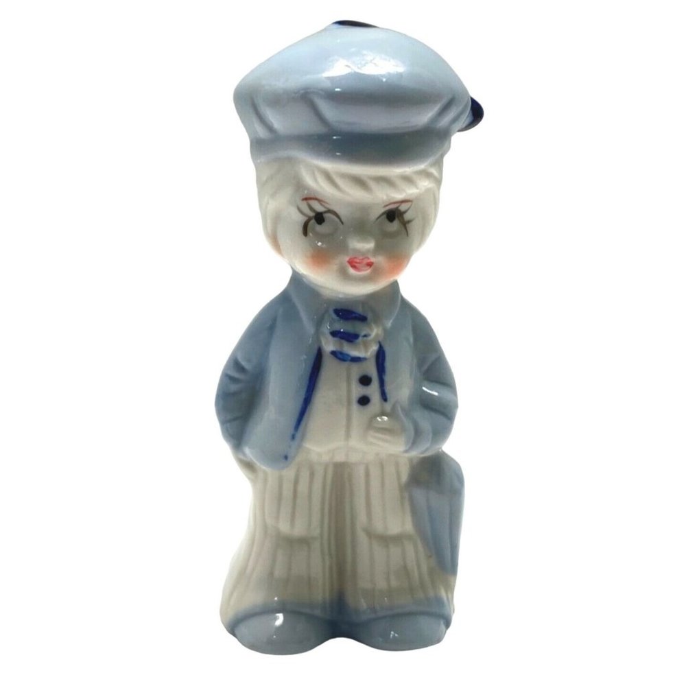 Dutch Boy Figurine with Umbrella Vintage Blue and White Porcelain 3.5 Inch Tall
